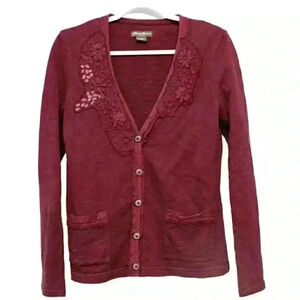Eddie Bauer Cardigan Sweater Size Small 100% Cotton Purple Embroidered Floral